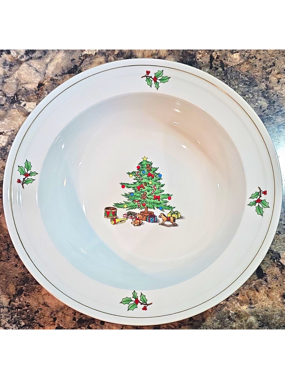 Holiday Hostess China Christmas Tree & Holly Rim Round Bowl Glossy Printed (2)